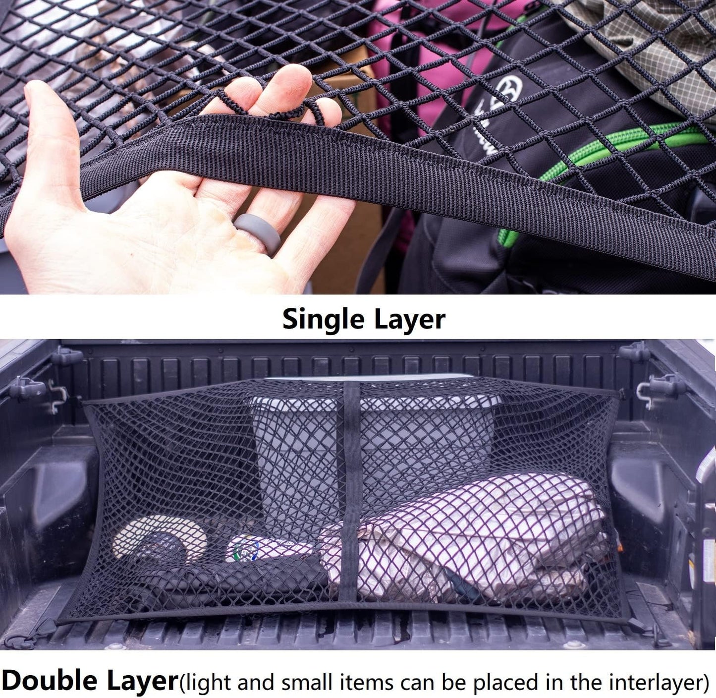 Highly Elastic Cargo Net, Simple Truck Bed Cargo Mesh Organizer, Suitable for Daily Light Loads of Trucks, 4'X4' Stretches to 7'X7' (Single Layer)