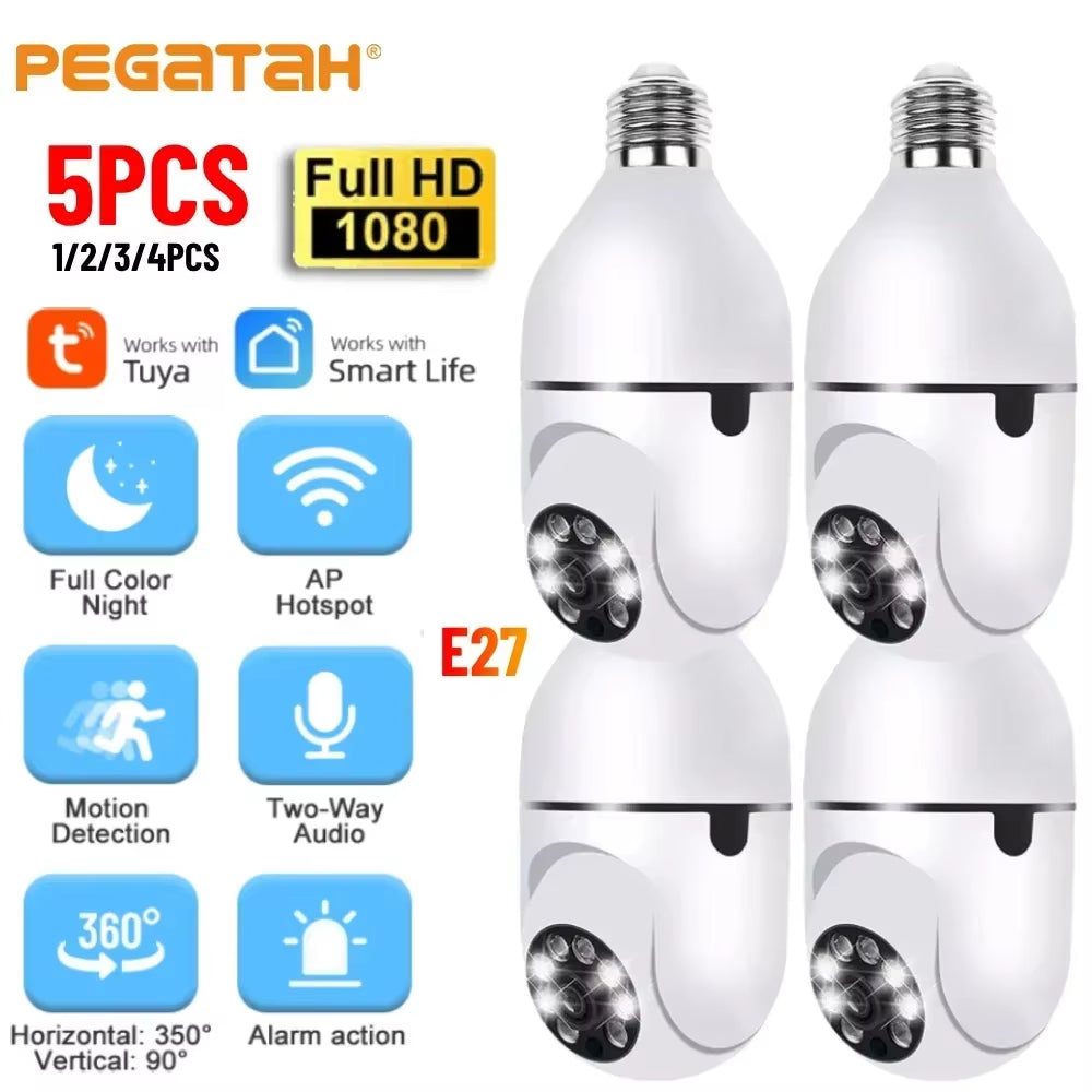 1-5PCS Tuya E27 Bulb Camera 1080P 4X Digital Zoom AI Human Motion Detect Full Color Night Vision Surveillance Camera PTZ Camera